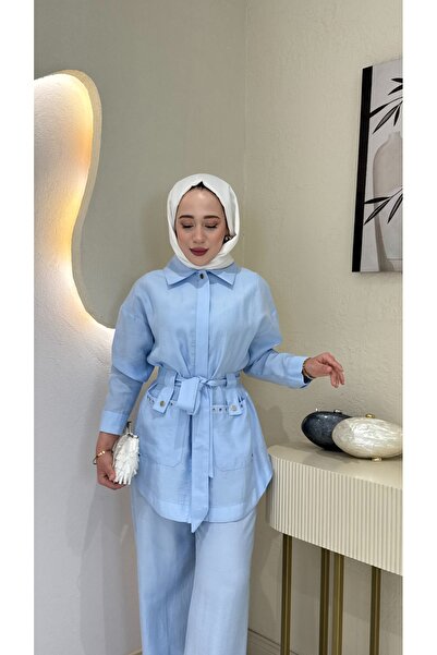 Jupe Kadın Kuşaklı Gömlek Aksesuar Detaylı Cepli İkili Takım 8623