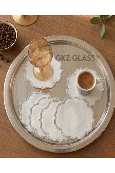 gkzglass home dekor 6 Adet Keten Kumaş Üzeri Nakışlı Kahve Yanı Kokteyl Peçet...
