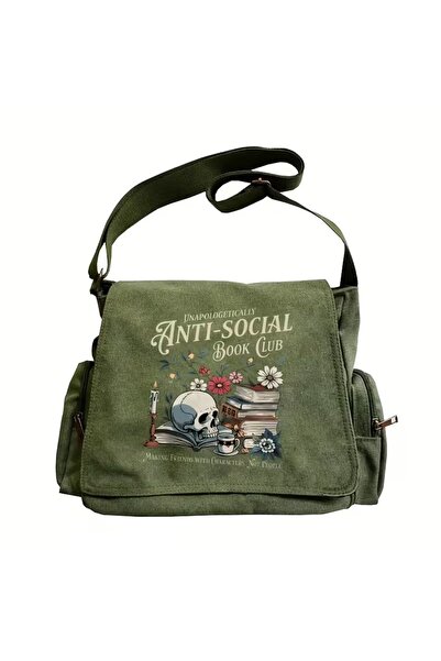 Toum Vintage Anti-Social Printed Unisex Khaki Messenger Bag