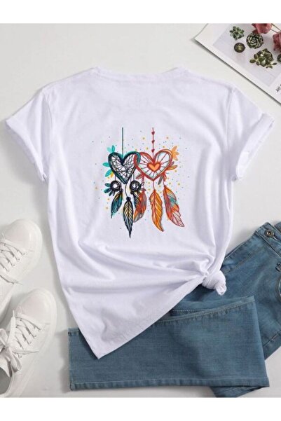 COZYWEAR Colorful Feather and Heart Pattern Printed White T-Shirt