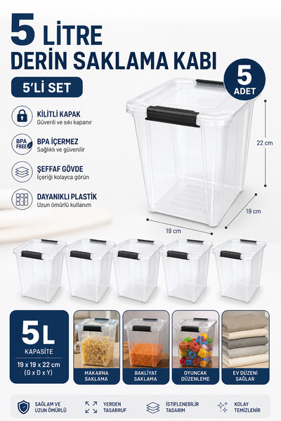 Akyüz Plastik 📦 5’li Kilitli Kapaklı 5 Litre Saklama Kabı 19x19x22 cm Plasti...