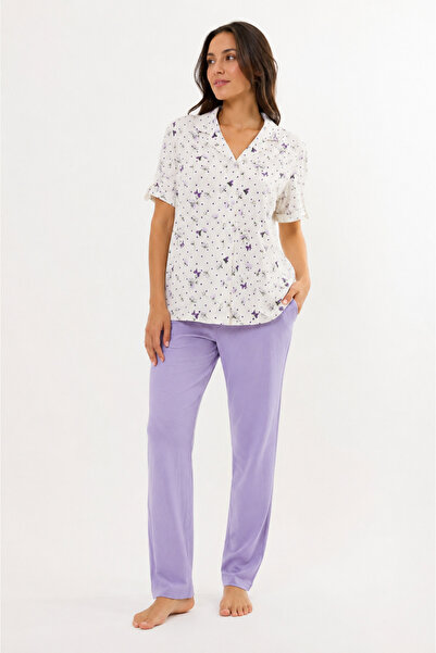 Tusebu Organic Cotton Lilac Pants Purple Butterfly Patterned Women's Pajama Set