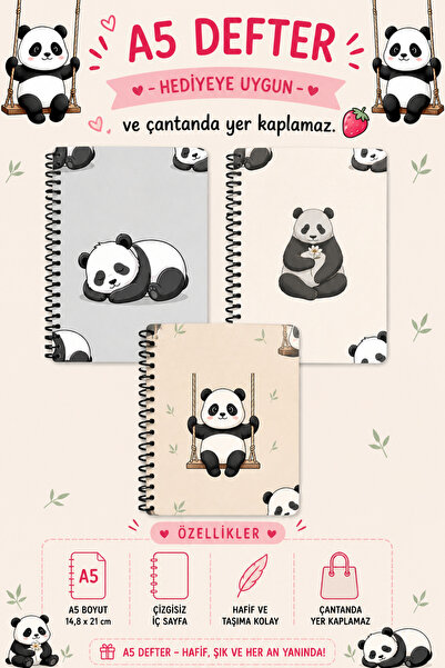 zumio 3'Lü A5 Panda Desenli Spiralli Defter | Çizgisiz İç Sayfa | Sevimli Pan...