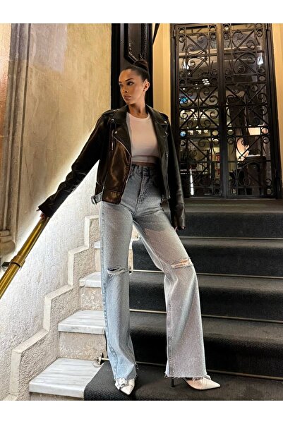HerTon Knee Ripped Detailed Stoned Wide Leg Cotton Denim Trousers