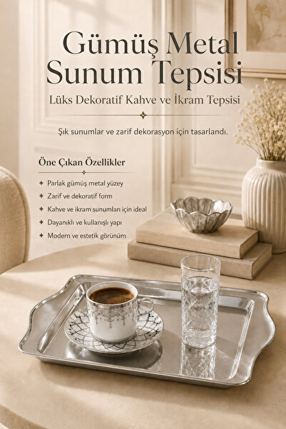 DİVAYS Silver Metal Presentation Tray Luxury Decorative Coffee and Catering T...