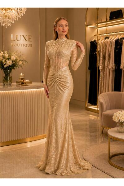 Hot Contact Lace Embroidered Long Sleeve Fish Tail Evening Dress 5346
