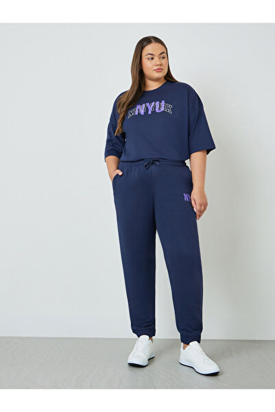 Styli Plus Size Navy Blue Joggers with Drawstring