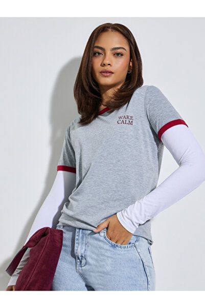 Styli Grey Contrast Trim Regular Fit T-Shirt
