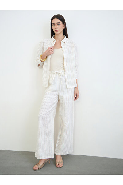 Styli Off White Striped Wide Leg Pants with Drawstring