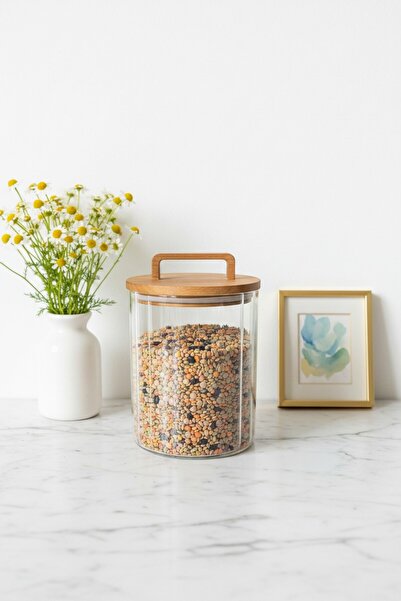 Luca Mia Efsane Avora Acacia Lid Round Glass Jar (1800 ml 13 X 15 cm)