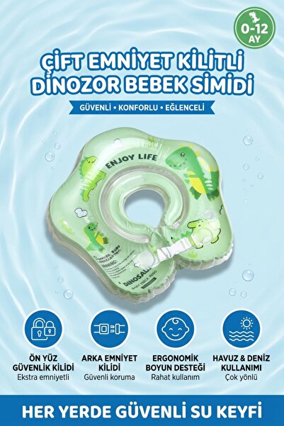 UPSTYLE Çocuk Yüzme Simidi Şişmeli Dinozor Temalı Çift Emniyet Kilitli Anti-P...