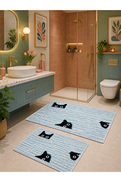 Aybek Home Kedi Temalı Mavi 2'li Banyo Paspası Takımı Kaymaz Taban Dijital Ba...
