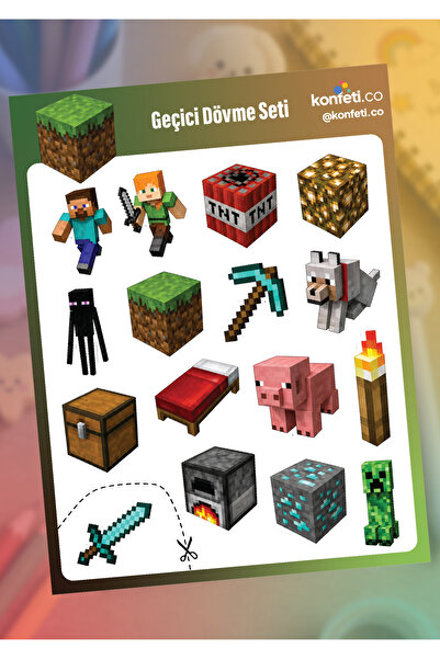 konfeti.co Özel Tasarım Minecraft Çocuk Geçici Dövme Seti