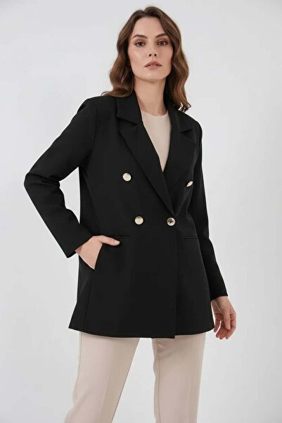 Generic Brand Women's Double-Breasted Collar Double-Button Black Jacket