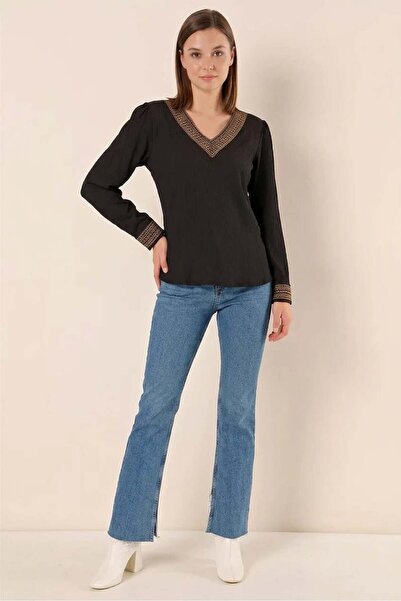 Generic Brand Women's V-Neck Embroidered Sleeve Black Blouse