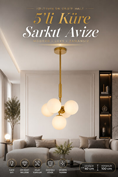 Elvora Home Modern (PREMİUM) Gold 5'li Opal Küre Sarkıt Avize Gold Gövde Deko...