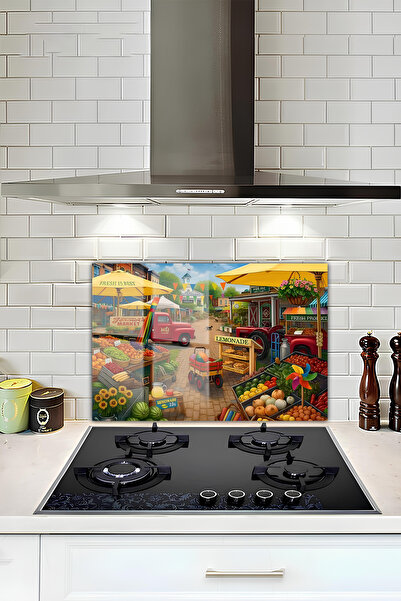 Tempered Glass Protective UV Printing Behind the Furnace – Colored Village Market and Fresh Products Themed Design - OCK056