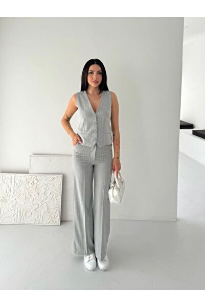 VELİZADE Striped V-Neck Sleeveless Tencel Fabric Buttoned Slim Fit Vest Palaz...