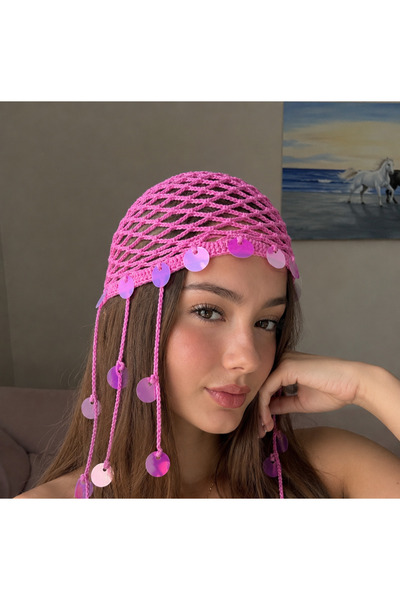 ceymora Kadın El Emeği Pullu File Bandana Şapka Saç Bandı