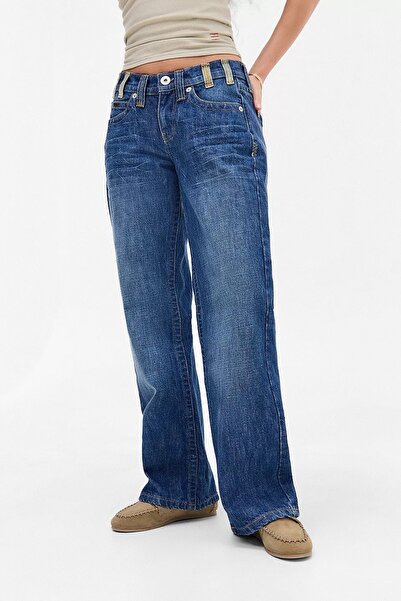 september island Jasika Blue Color Belt Ring Detailed Extreme Low Waist Trousers