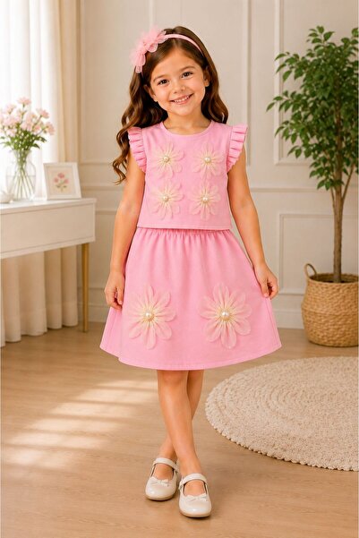 Kuzucuk Kids Bebek Çocuk Butik Kız Çocuk Pembe Çiçek Aplikeli Etek Takım