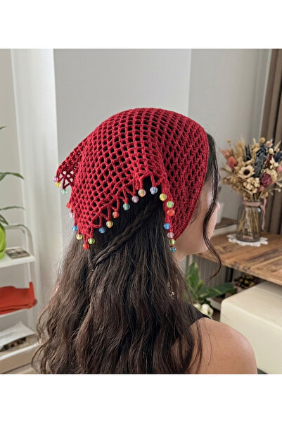 Kırmızı File Model El Örgüsü File Bandana-Renkli Boncuklu Anne Çocuk
