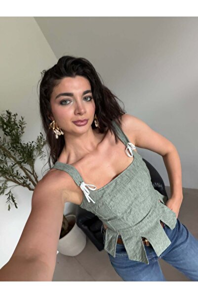 Bade Butik Yeşil İpli Keten Korse Bluz