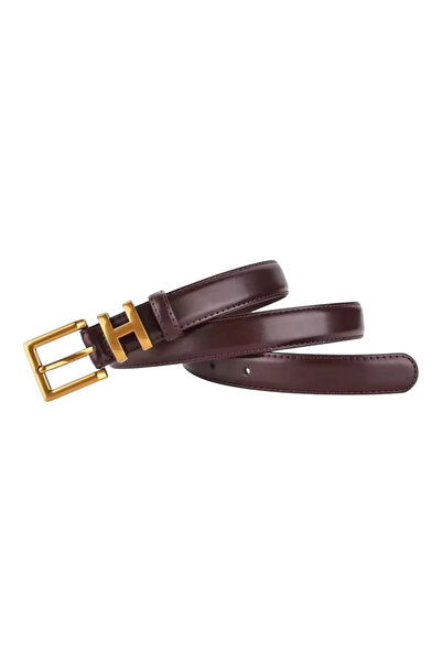 OEM Curea piele naturala, maro inchis cu auriu, 100cm