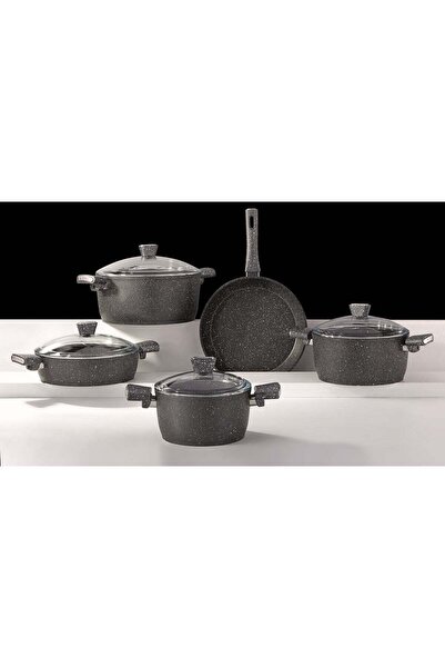 AVCI HOME MAKER Primera Luxury Granitec 9 Piece Non-Stick Cookware Set With Glass Lids, Induction Bottom, Casseroles & Fry Pan, Dark Grey