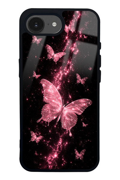 Spoyi iPhone 16E Pink Galaxy Butterfly Design Glossy Phone Case