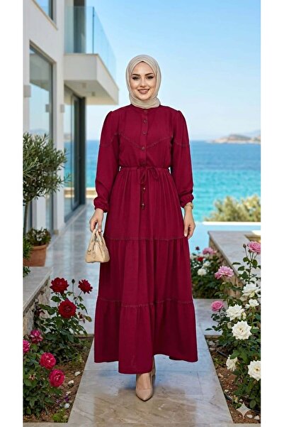 Hb Harma Time Butik Women's Lace Detailed Waist Tie Ayrobin Burgundy Dress