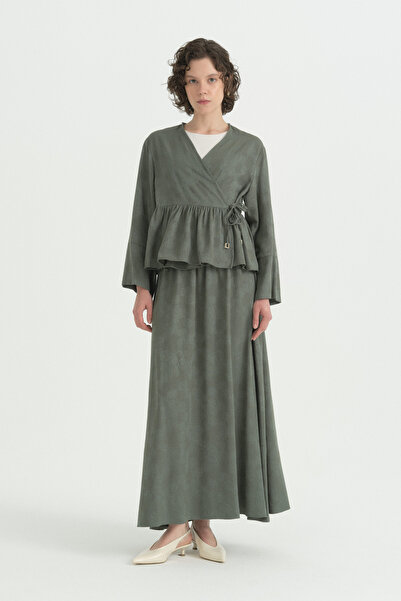Nihan Viscose Suit with Kimono and Skirt - Emerald