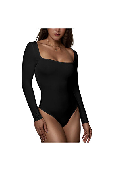 OEM Body Damskie cu Mâneci Lungi și Decolteu Pătrat, Mulat, Negru XL