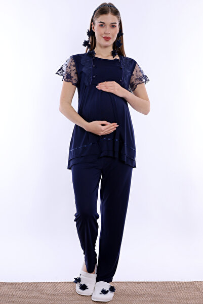ByLohusa Maternity Pajama Set with Breastfeeding Feature Effortt - Navy Blue
