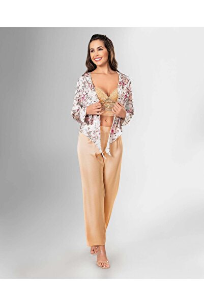Loriva Women's 3-Piece Lace Detailed Gold Long Pajama Set