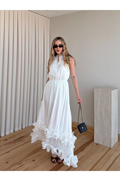 Laluvia Rochie albă lungă cu volane - 39908
