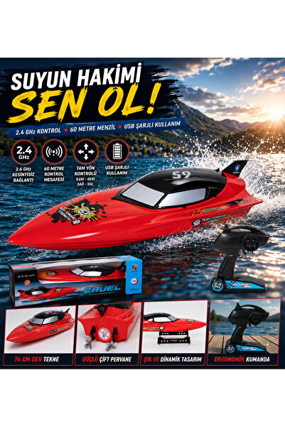 Cici Oyuncak 74 Cm USB Şarjlı Uzaktan Kumandalı Yarış Teknesi 2.4 GHz RC Süra...
