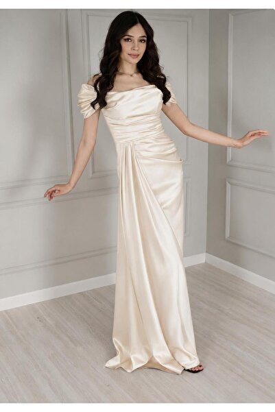 renk abiye Drape Detailed Satin Fabric Evening Dress