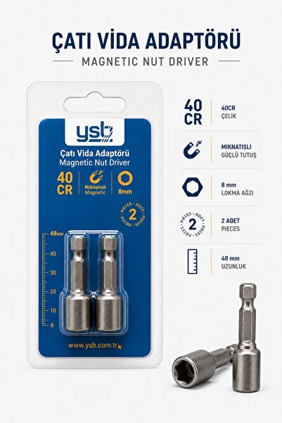 YSB 8 mm Manyetik Çatı Vida Adaptörü Lokma Uç 48 mm CRV Çelik 2'li Paket