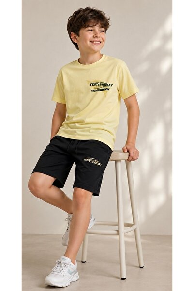 Erkek Garson Boy Sarı Tshirtlü Yesterday,Today,Tomorrow Yazılı Siyah Şık Spor Takım