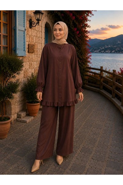 HİRA LİFE FASHİON Women's Strawberry Fabric Stand Collar Buttoned Ruffle Detailed Hijab Tunic Pants Double Set