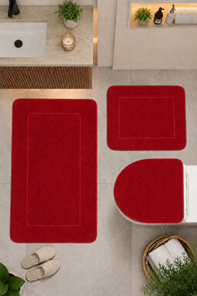 Bonny Home Red 3-Piece Bathroom Rug Mat Set with Non-Slip Base, Washable Toil...