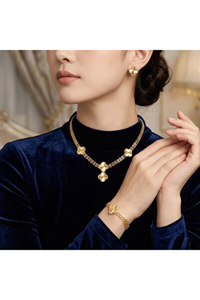 Generic Gold Tone Clover Jewelry Set Necklace Earrings Bracelet 3 Piece Fashi...