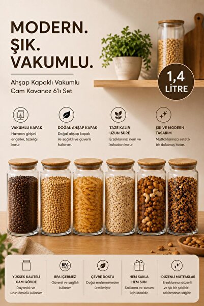 Tercih Home Large Size 6-Piece Vacuum Glass Jar Set with Bamboo Lids Multi-Pu...