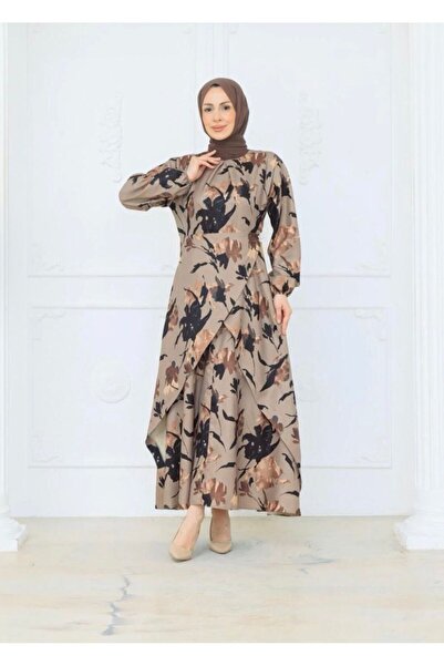 MODA TAY KADIN ULTRA ŞIK YANDAN BAĞLAMALI TOKALI TESETTÜR ELBİSE DESENLİ