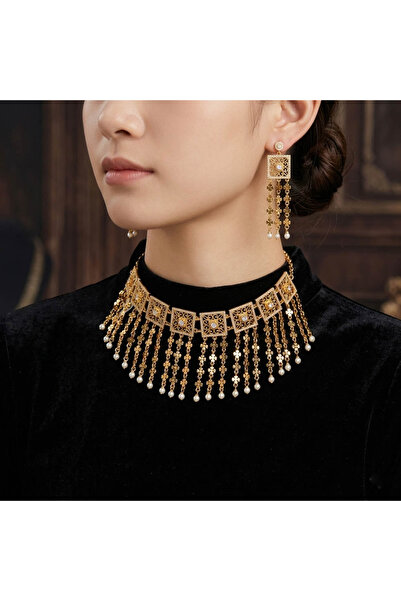 Generic Gold Tone Filigree Choker Necklace Set with Matching Earrings Square ...