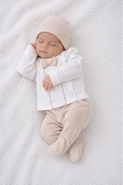 Pure Boutique Set nou nascut baiat 3 piese 100% bumbac alb bej, papion elegan...