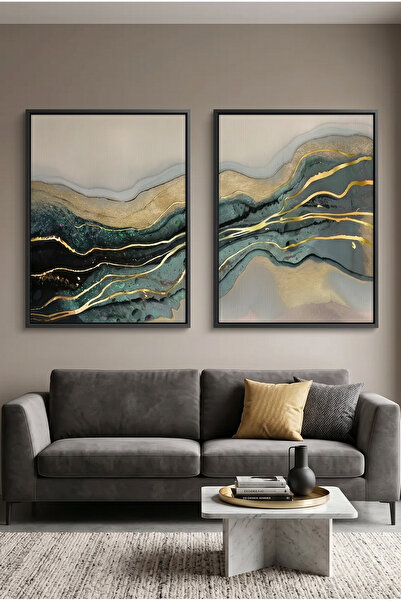 Jasmine Art Teal & Gold Set of 2 Abstract Wall Art | Framed Canvas Print with...
