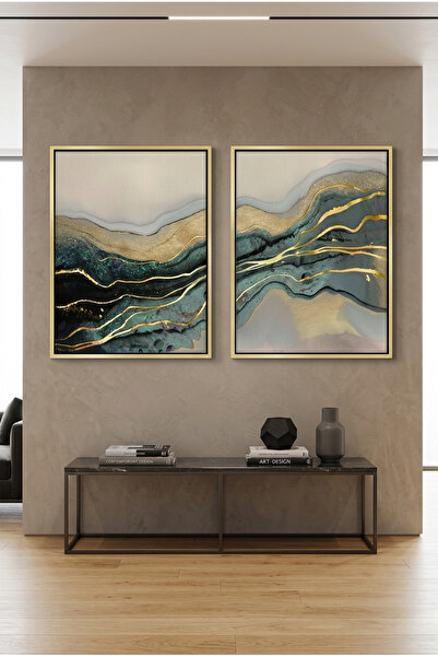 Jasmine Art Teal & Gold Set of 2 Abstract Wall Art | Framed Canvas Print with...