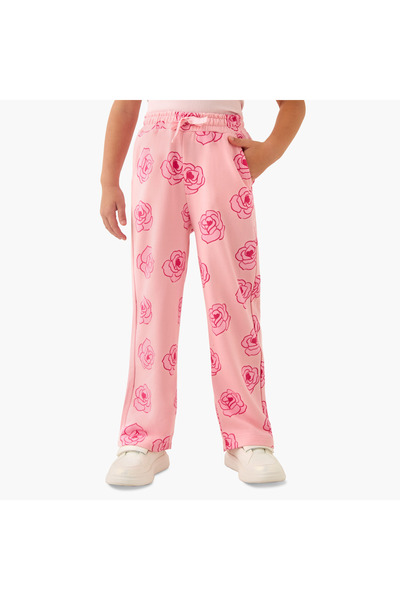 Juniors Girls Track Pants with Rose Print - Cotton - Elasticated Drawstring